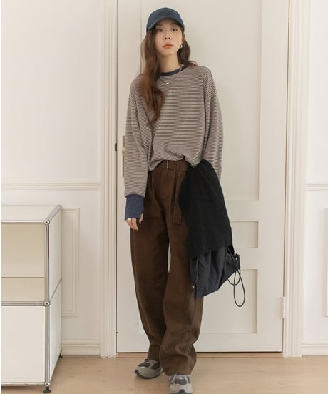 round neck striped cotton shirt /2color　IR1570