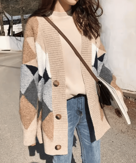 argyle boa knit cardigan　　IR1539