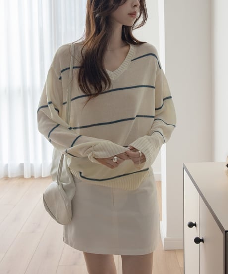 v-neck striped loose sweater　　IR1452