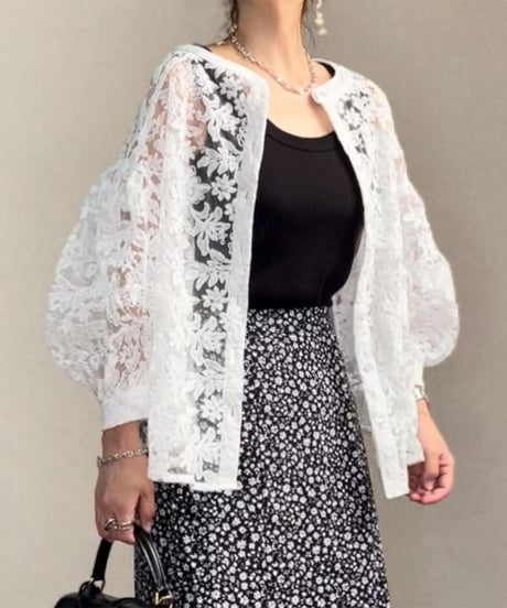 sheer lace lantern sleeve shirt　　IR1448