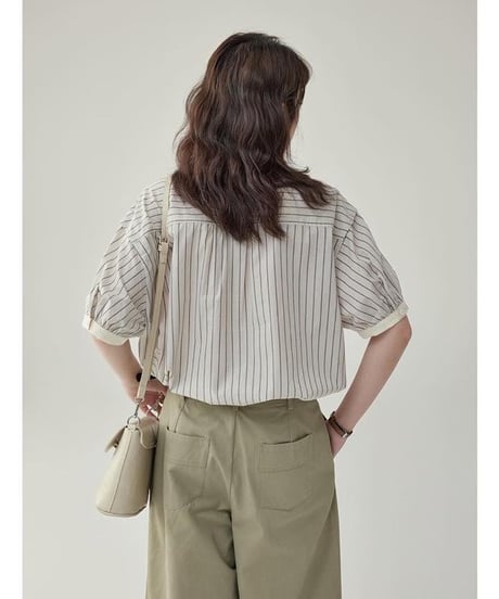 striped band collar yoke blouse　　IR1624