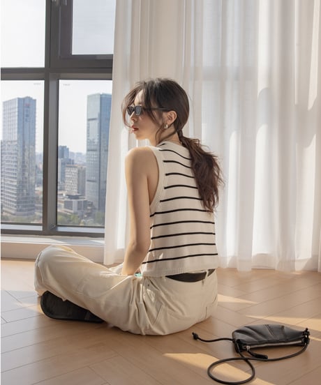 striped button knit vest　　IR1391