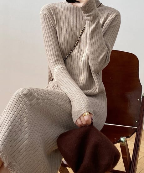 fringe hem rib knit dress　　IR1682