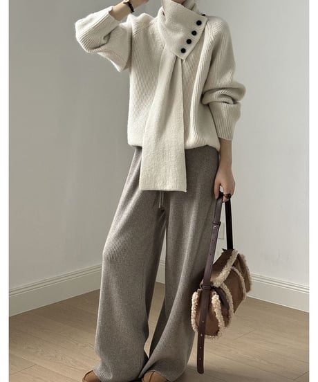 V neck knit pullover+muffler set /4color　　IR1555