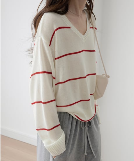 v-neck striped loose sweater　　IR1452