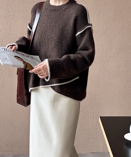 stitched design round neck sweater /2color　　IR1552