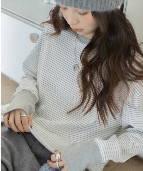 round neck striped cotton shirt /2color　IR1570