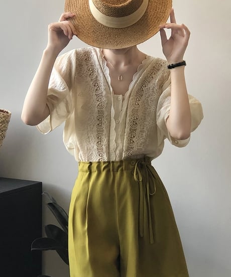 puff sleeve lace blouse　　IR1450