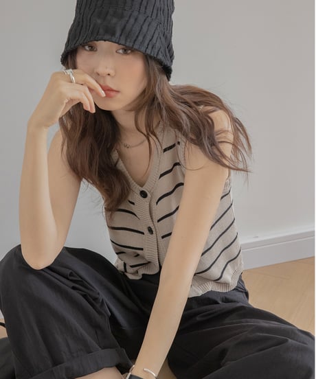 striped button knit vest　　IR1391