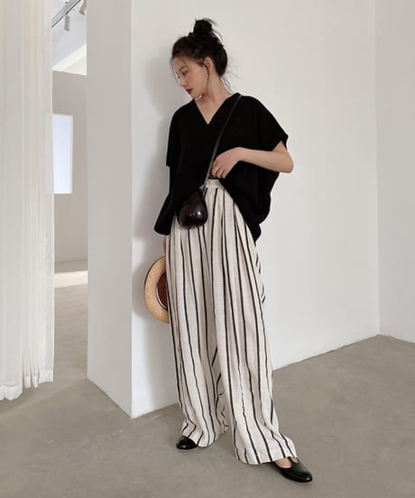 cotton linen striped wide pants　　IR1350
