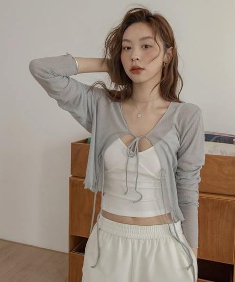 front ribbon short cardigan　IR1344