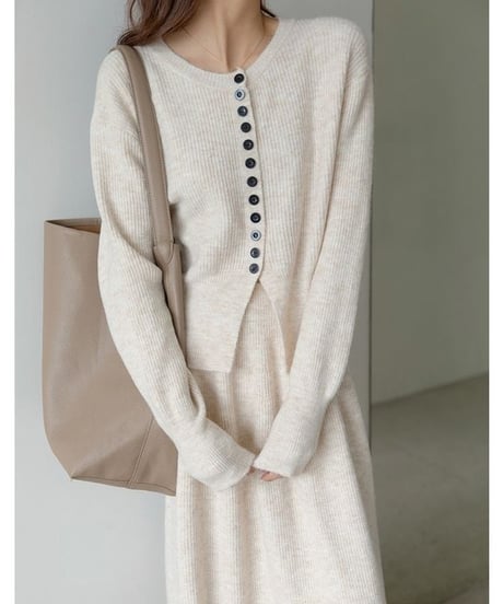front slit rib knit cardigan + skirt setup /2color　　IR1562