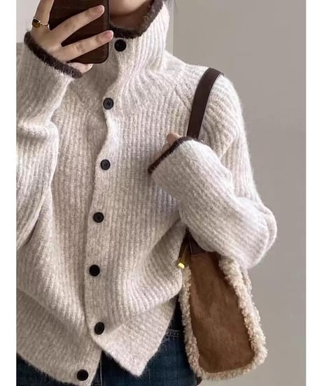 stand neck knit cardigan  /4color　IR1557