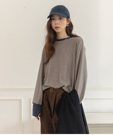 round neck striped cotton shirt /2color　IR1570