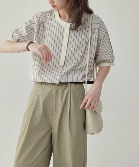 striped band collar yoke blouse　　IR1624