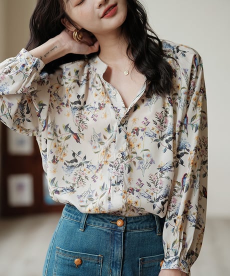 puff sleeve flower chiffon shirt　　IR1486