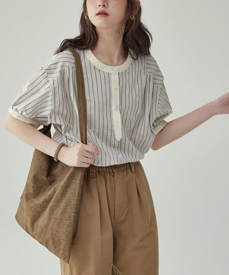 striped band collar yoke blouse　　IR1624