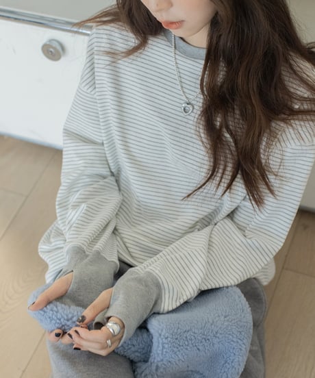 round neck striped cotton shirt /2color　IR1570