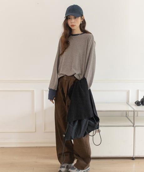 round neck striped cotton shirt /2color　IR1570