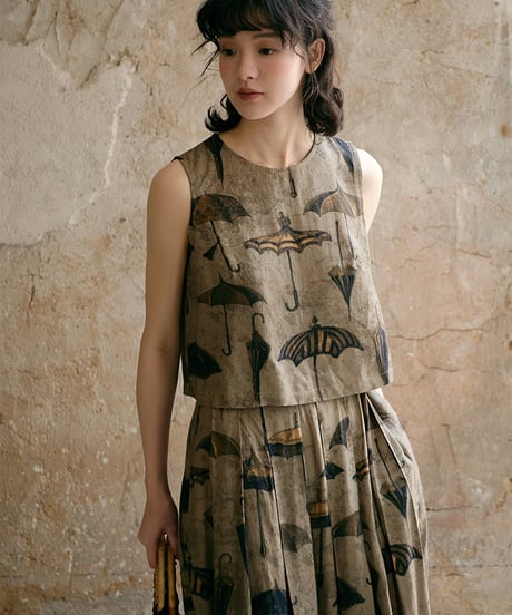 retro print sleeveless + pleated skirt　　IR1357
