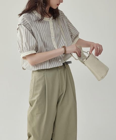striped band collar yoke blouse　　IR1624