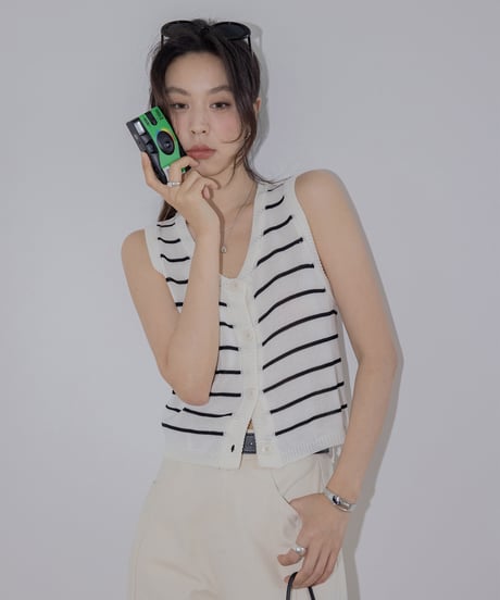 striped button knit vest　　IR1391