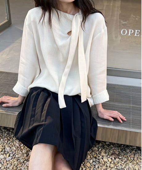 collarless ribbon design blouse /2color　IR1573