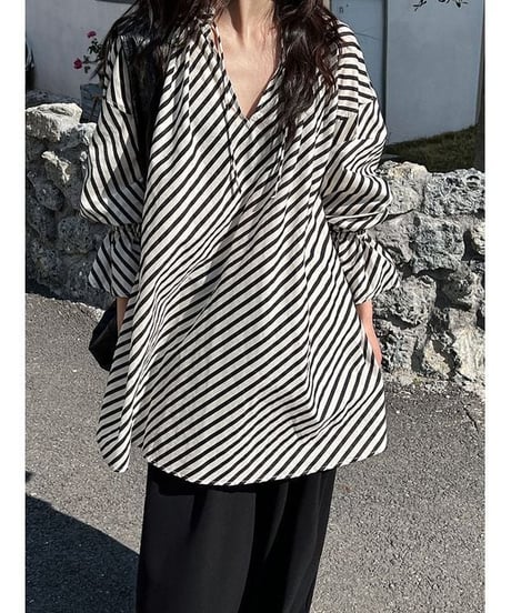 drawstring stripe tunic blouse　　IR1640