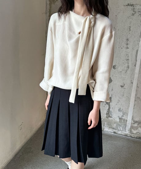 collarless ribbon design blouse /2color　IR1573