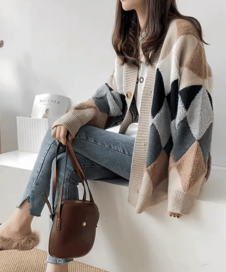 argyle boa knit cardigan　　IR1539