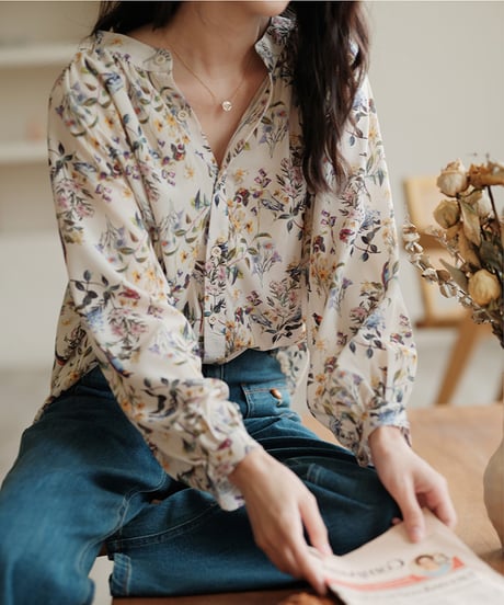 puff sleeve flower chiffon shirt　　IR1486