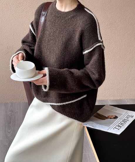 stitched design round neck sweater /2color　　IR1552