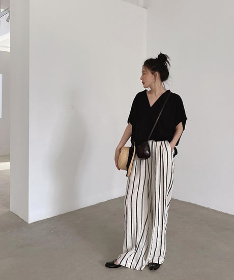 cotton linen striped wide pants　　IR1350