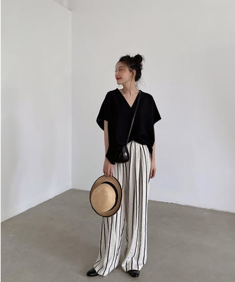 cotton linen striped wide pants　　IR1350