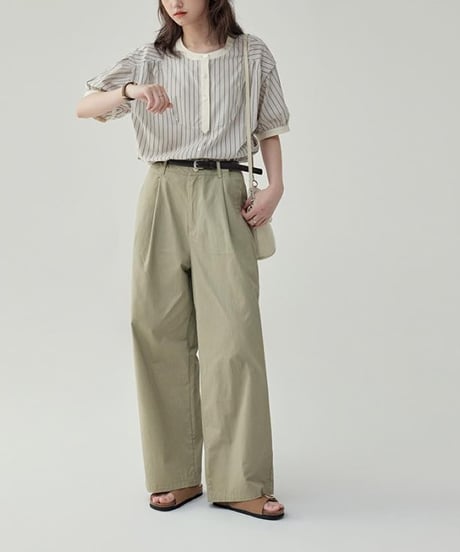 striped band collar yoke blouse　　IR1624