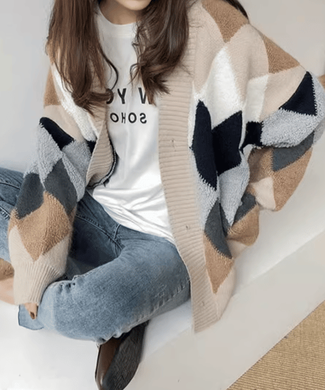 argyle boa knit cardigan　　IR1539