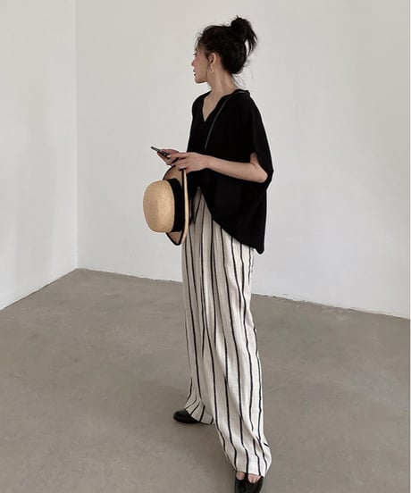 cotton linen striped wide pants　　IR1350