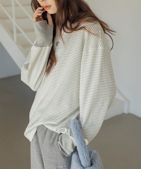 round neck striped cotton shirt /2color　IR1570