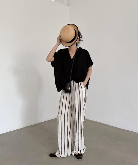 cotton linen striped wide pants　　IR1350
