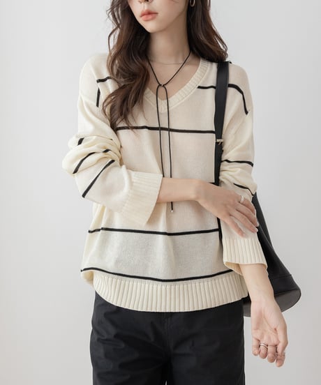 v-neck striped loose sweater　　IR1452