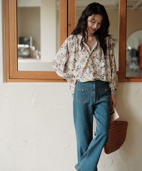puff sleeve flower chiffon shirt　　IR1486