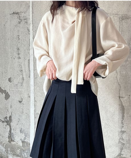 collarless ribbon design blouse /2color　IR1573