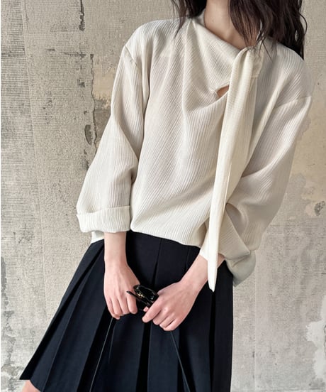 collarless ribbon design blouse /2color　IR1573