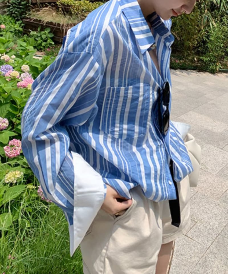 kolor カラー リボン ヒッコリー風ストライプダンガリーシャツ ライト