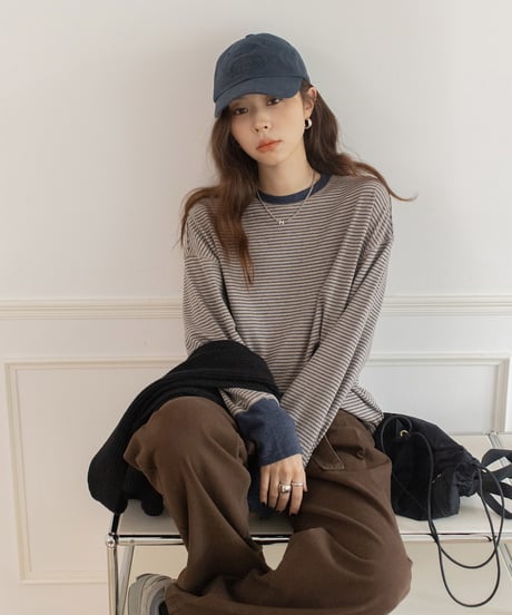 round neck striped cotton shirt /2color　IR1570