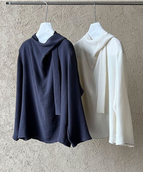 collarless ribbon design blouse /2color　IR1573