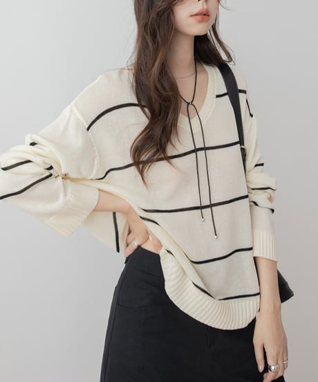 v-neck striped loose sweater　　IR1452