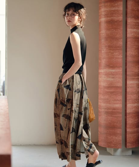 retro print sleeveless + pleated skirt　　IR1357