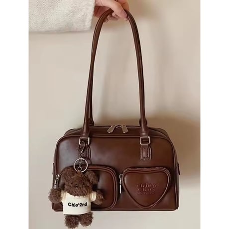 ハートポケット❤フェイクレザーショルダーボストンバッグ