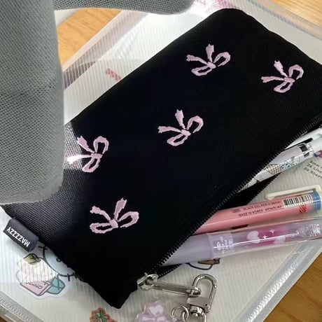 Black×Pink Ribbon ペンケース/筆箱/ポーチ
